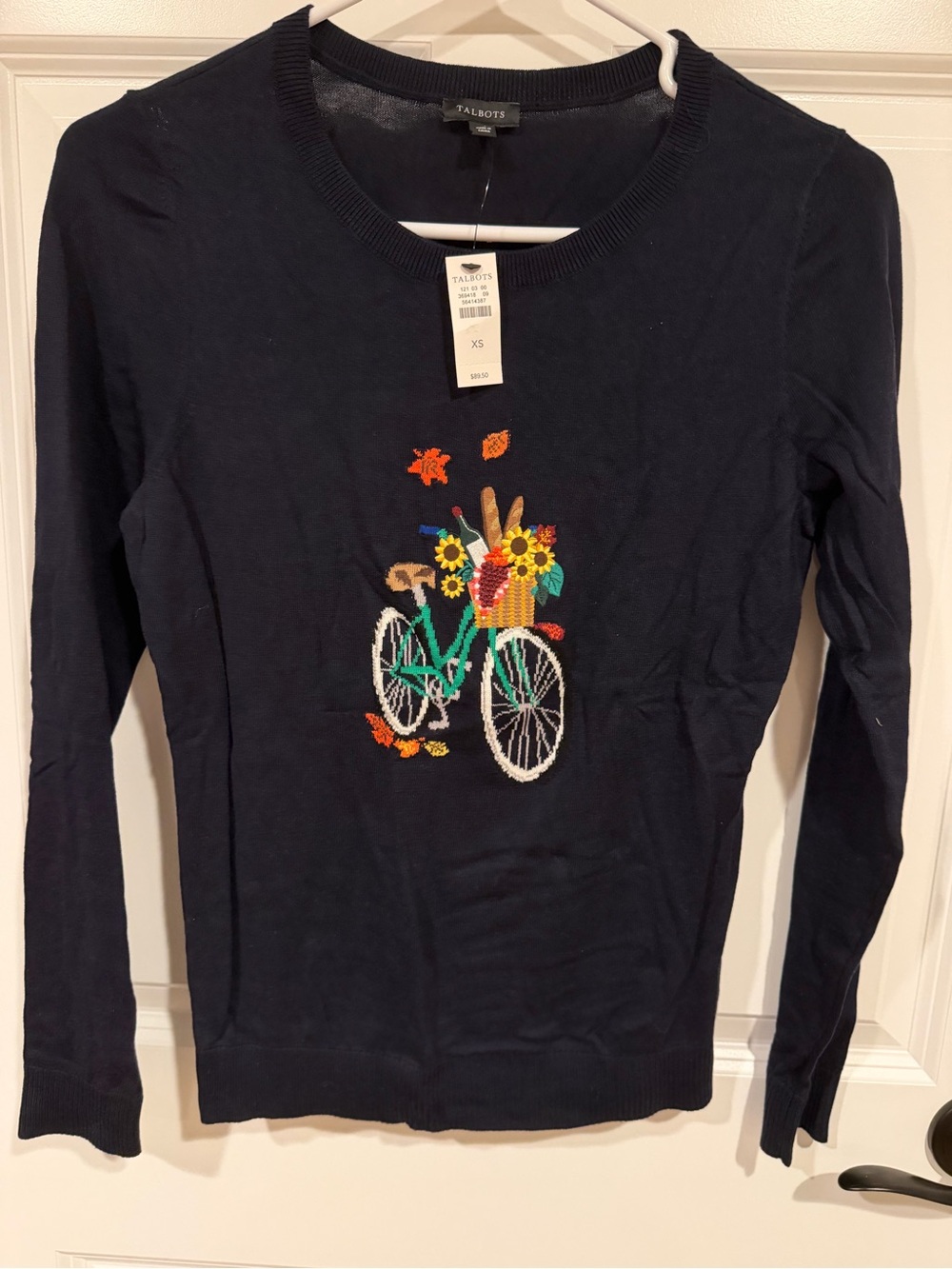 Talbots Women’s XS Navy Crew Neck Long Sleeve Embroidered Bicycle Sweater